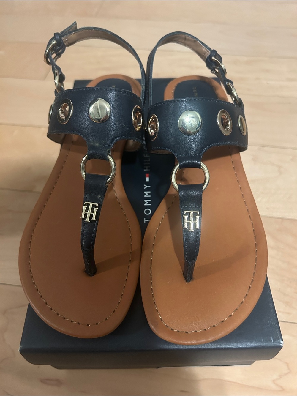 Tommy Hilfiger Navy Leather T-Strap Sandals with Gold Hardware